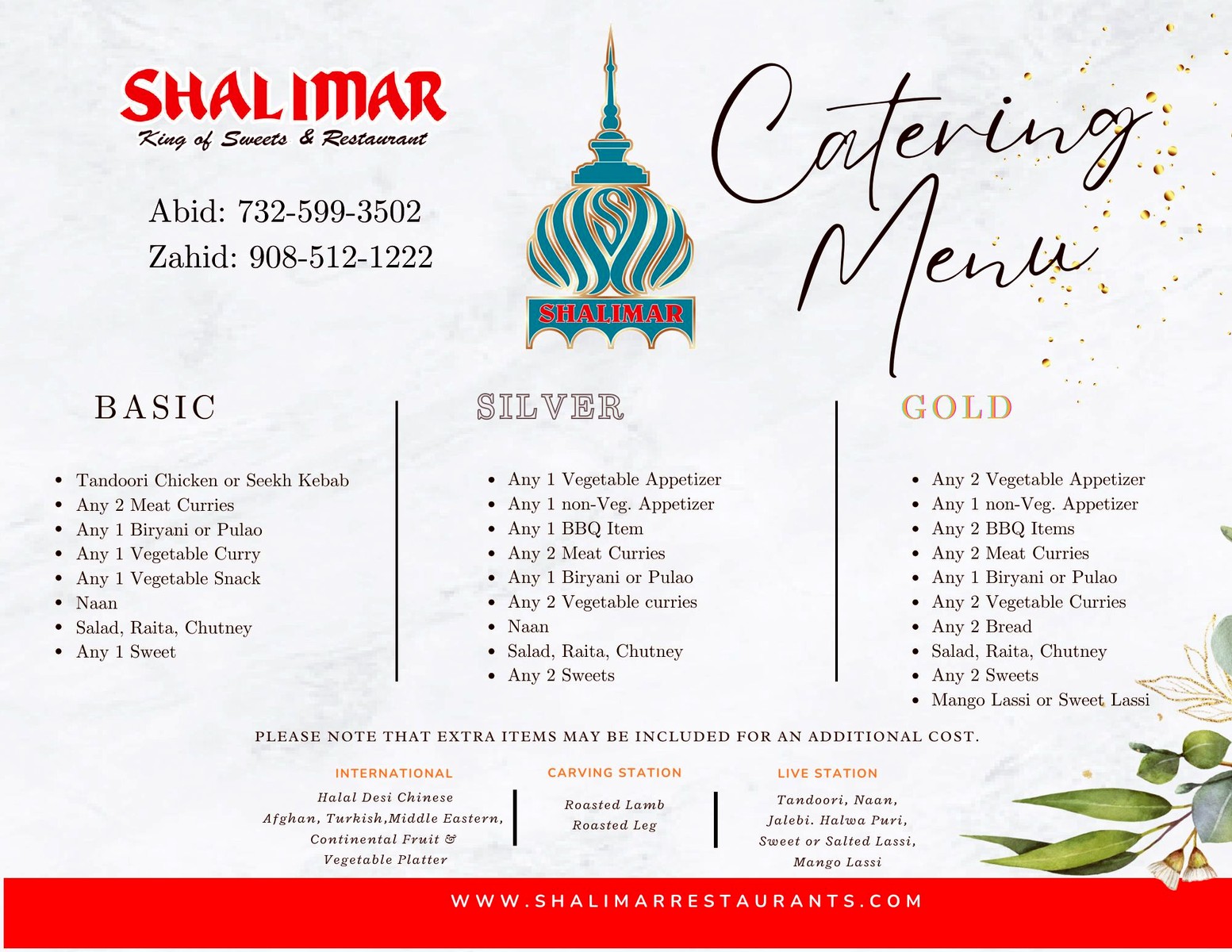 Shalimar catering menu Basic Silver Gold packages